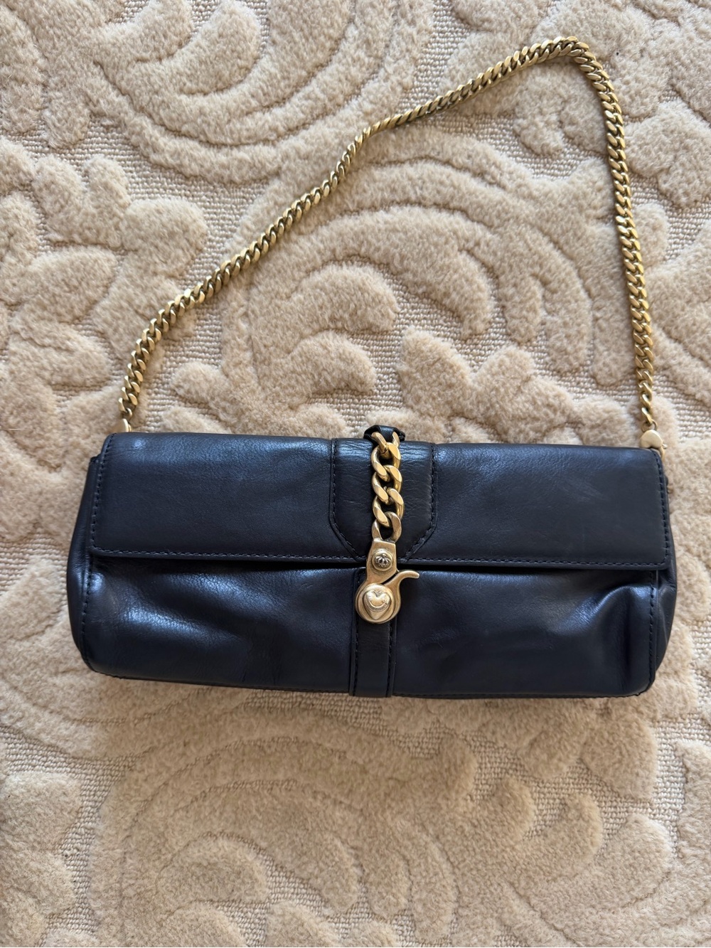 Juicy Couture VINTAGE black leather clutch with Gold chain EUC , Y2K  great bag!